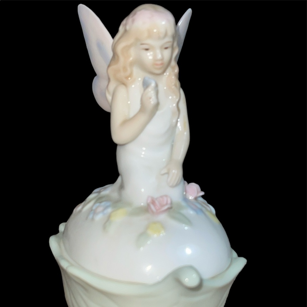 6.25 Inch Glazed Porcelain Pink Trinket Box with Kneeling Fairy on Lid
